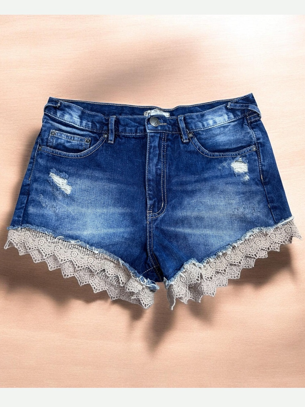 Free People Denim & Crochet Lace Trim High-Waisted Shorts Distressed Size 29